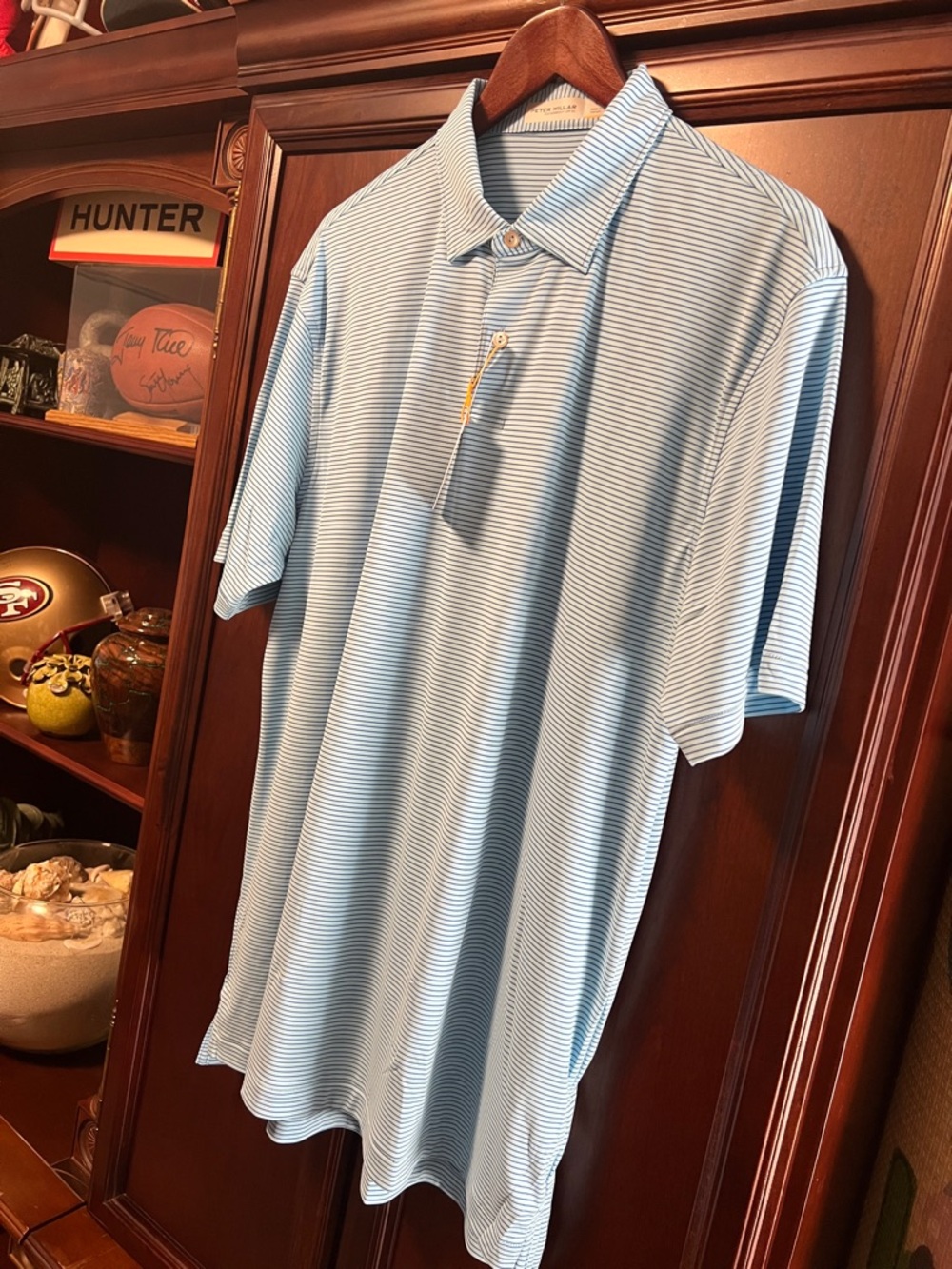 New Peter Millar Crown Sport Featherweight Stretch Teal Blue Stripe Golf ⛳️ Polo - Picture 9 of 13